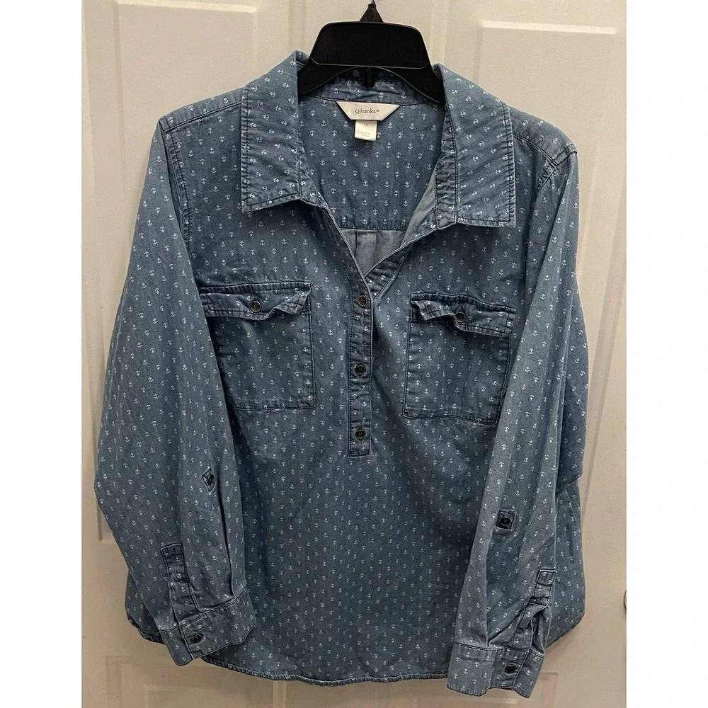 CJ Banks Popover Denim‎ Chambray Blouse Top Womens 1X Collared Anchor Nautical - Picture 2 of 8